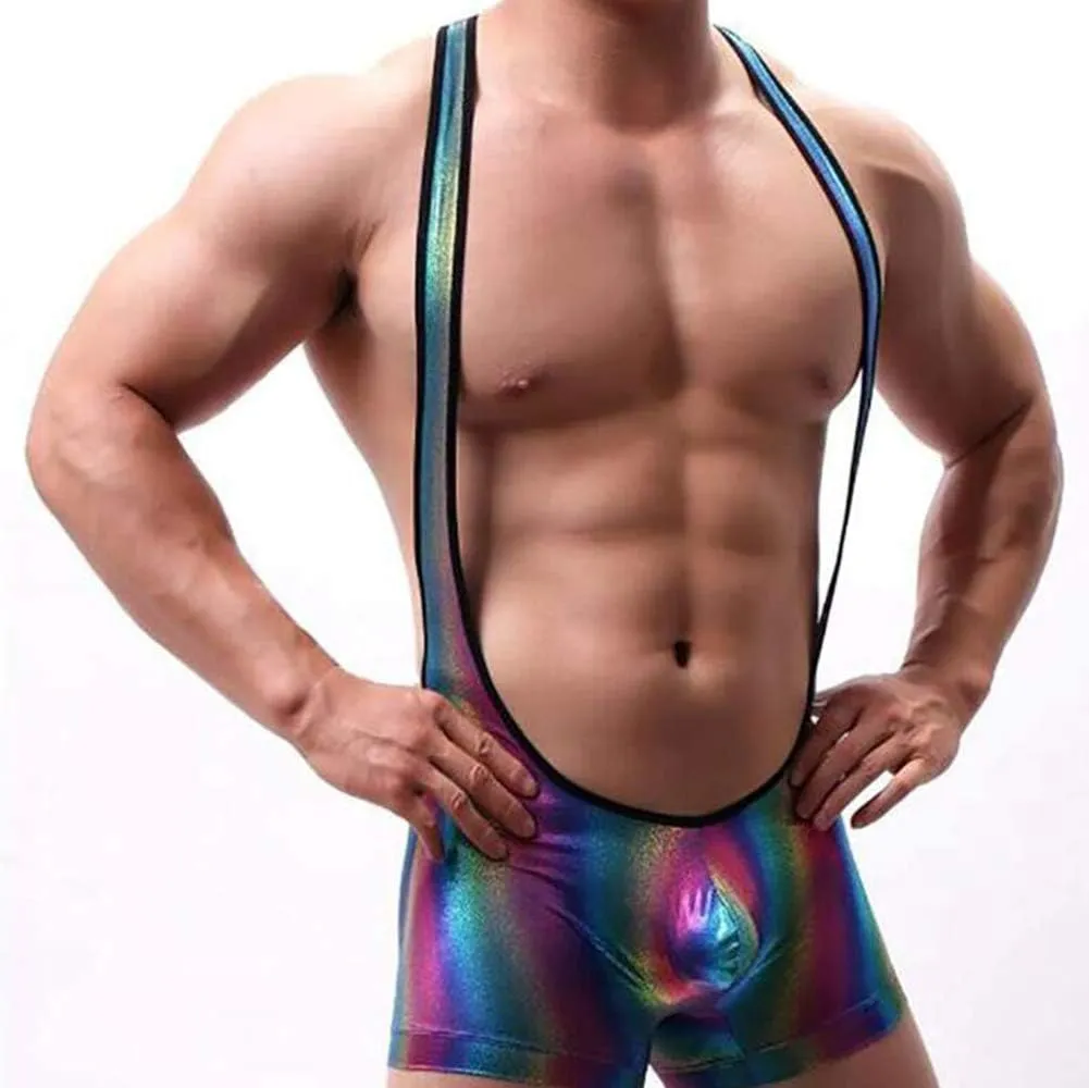 Men Wrestling Singlet Boxer Briefs Faux Leather Bodysuit Suspender Underwear