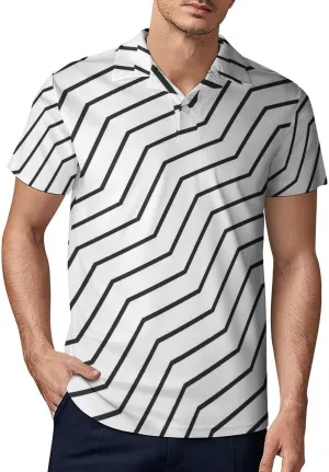 Men's Black and White Waves Zigzag Lined Polo Shirts Short Sleeve Cool Golf Shirt Quick-Dry Activewear Polos