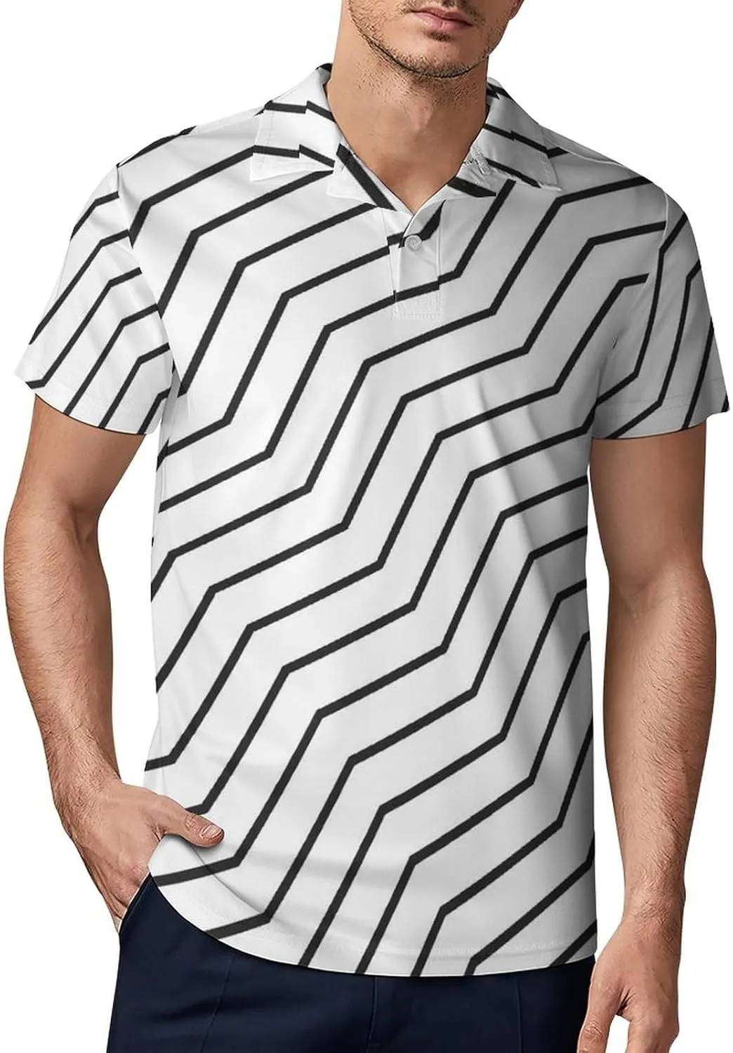 Men's Black and White Waves Zigzag Lined Polo Shirts Short Sleeve Cool Golf Shirt Quick-Dry Activewear Polos