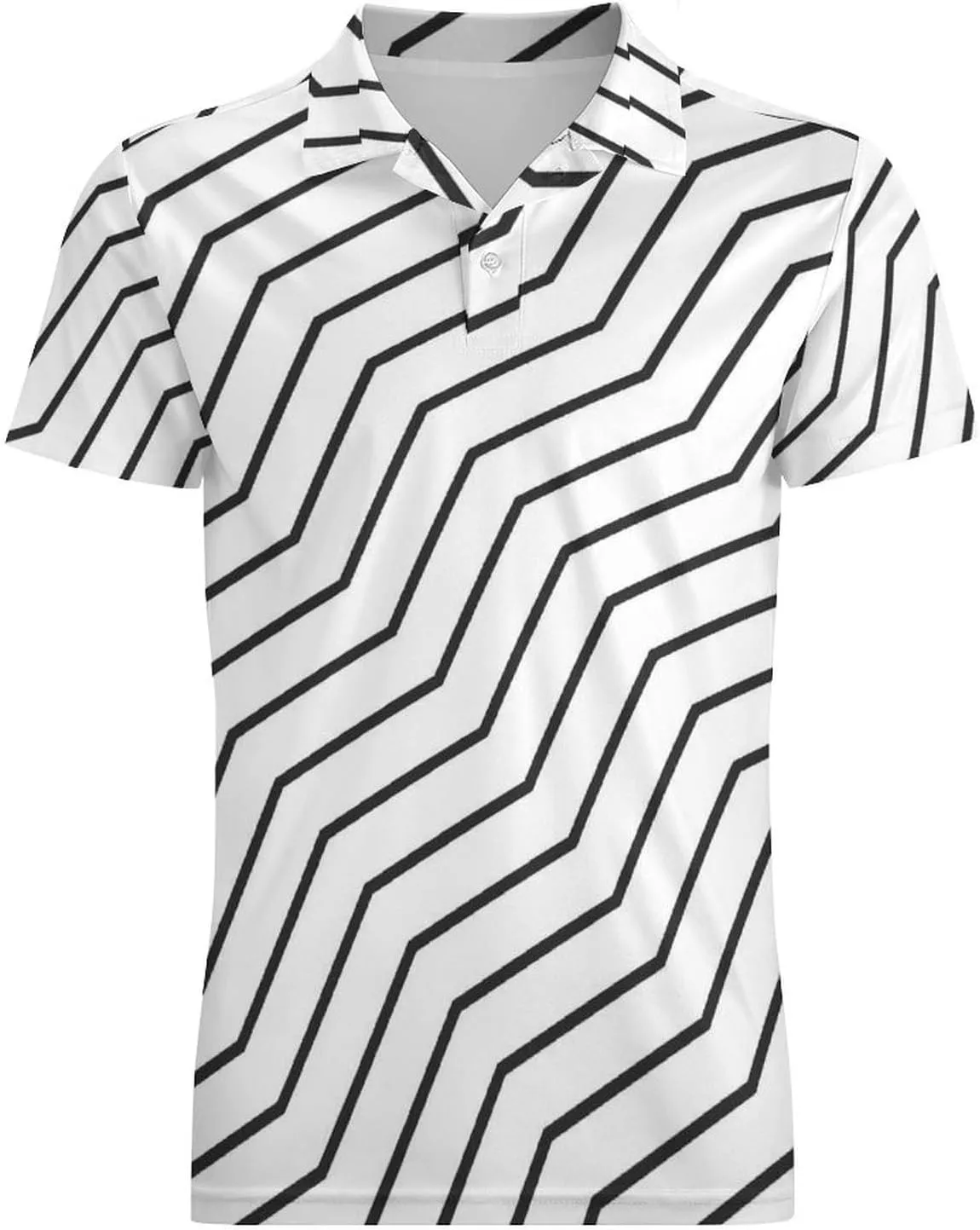 Men's Black and White Waves Zigzag Lined Polo Shirts Short Sleeve Cool Golf Shirt Quick-Dry Activewear Polos