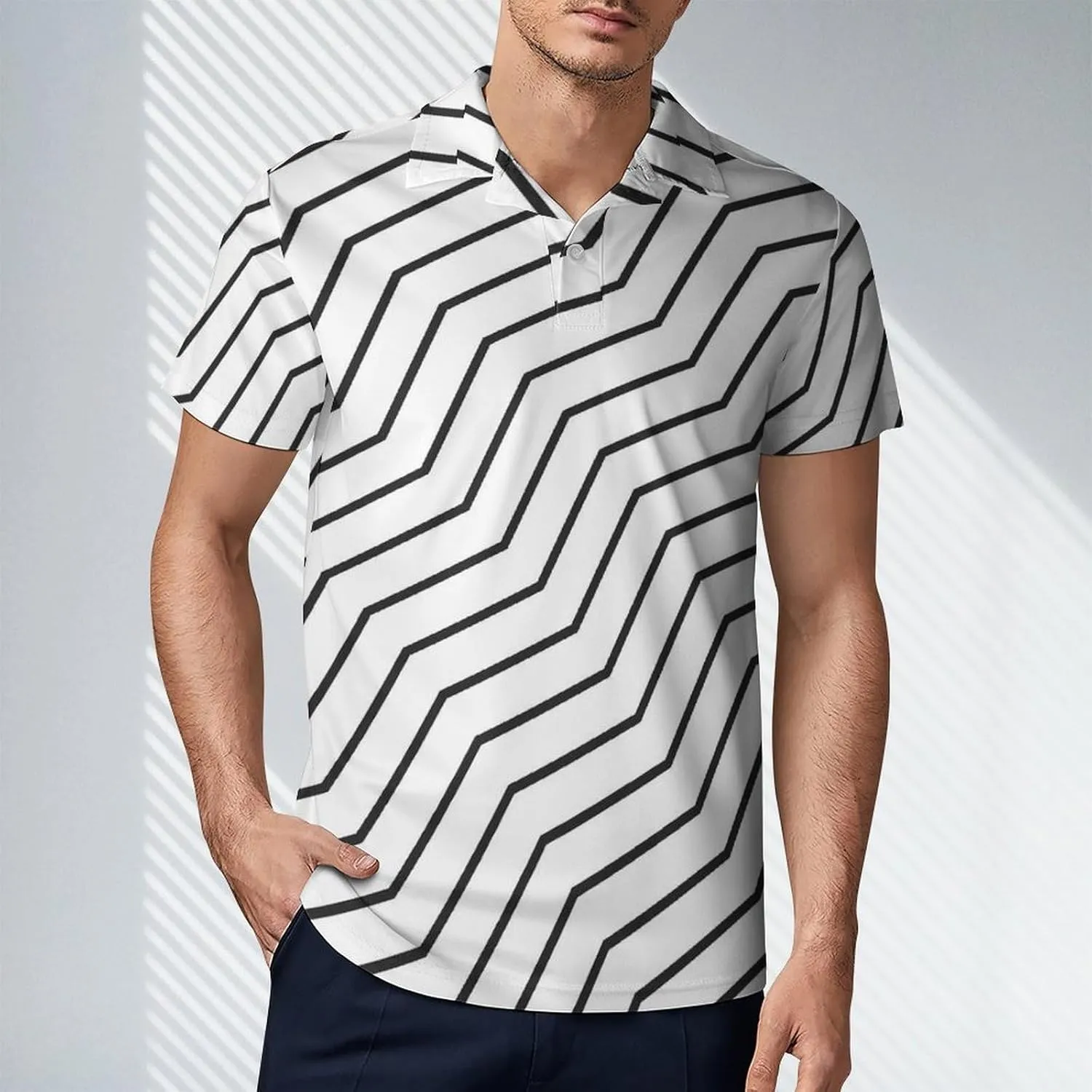 Men's Black and White Waves Zigzag Lined Polo Shirts Short Sleeve Cool Golf Shirt Quick-Dry Activewear Polos