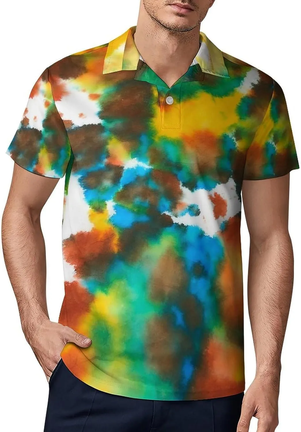 Men's Colorful Tie Dye Green Drops Pattern Polo Shirts Short Sleeve Cool Golf Shirt Quick-Dry Activewear Polos