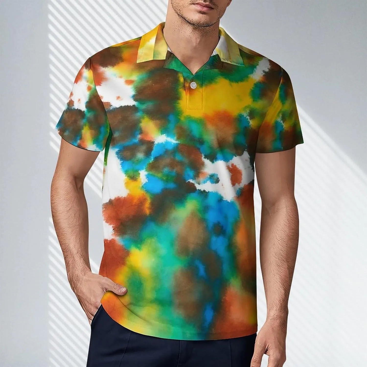 Men's Colorful Tie Dye Green Drops Pattern Polo Shirts Short Sleeve Cool Golf Shirt Quick-Dry Activewear Polos