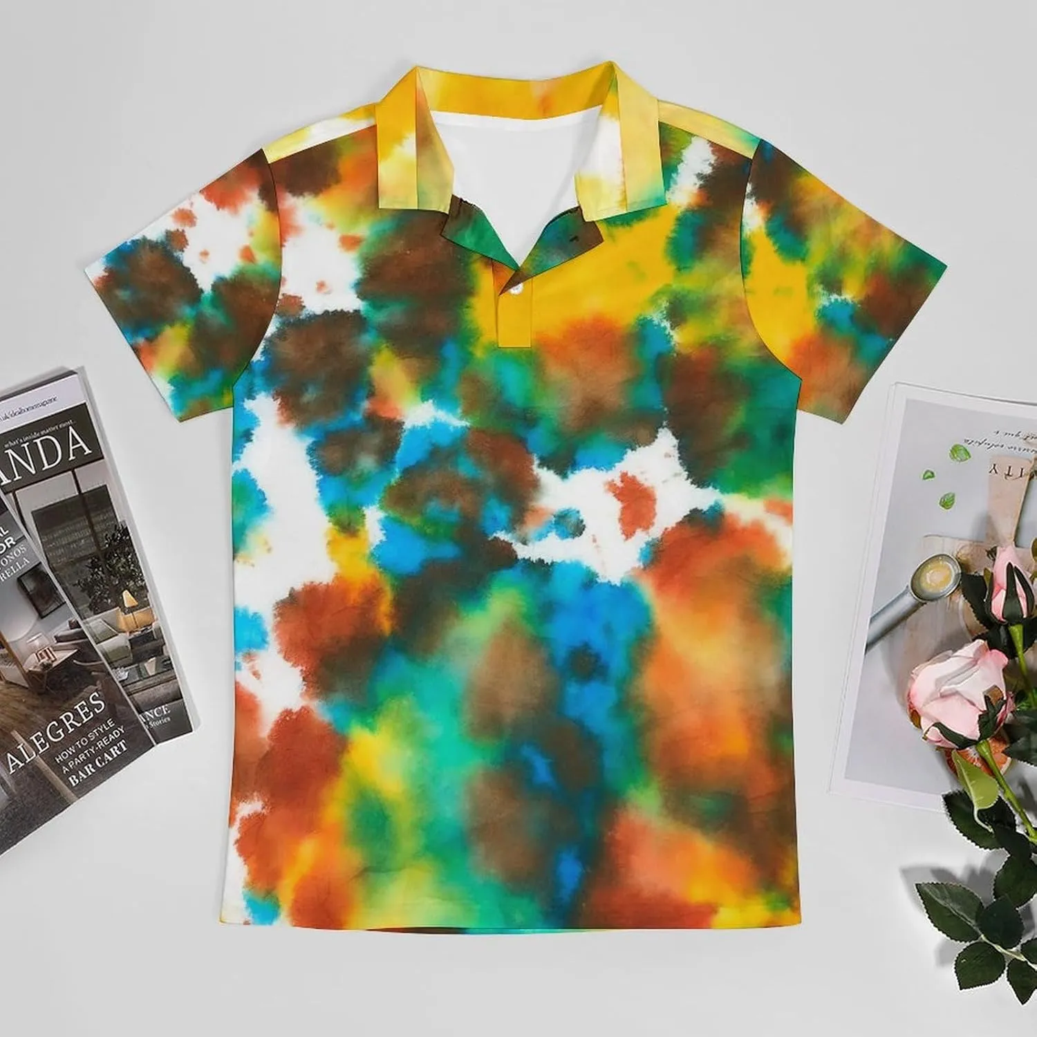 Men's Colorful Tie Dye Green Drops Pattern Polo Shirts Short Sleeve Cool Golf Shirt Quick-Dry Activewear Polos