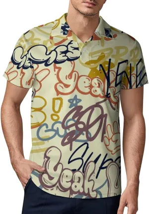 Men's Comics Lettering in Pop Art Style Polo Shirts Short Sleeve Cool Golf Shirt Quick-Dry Activewear Polos