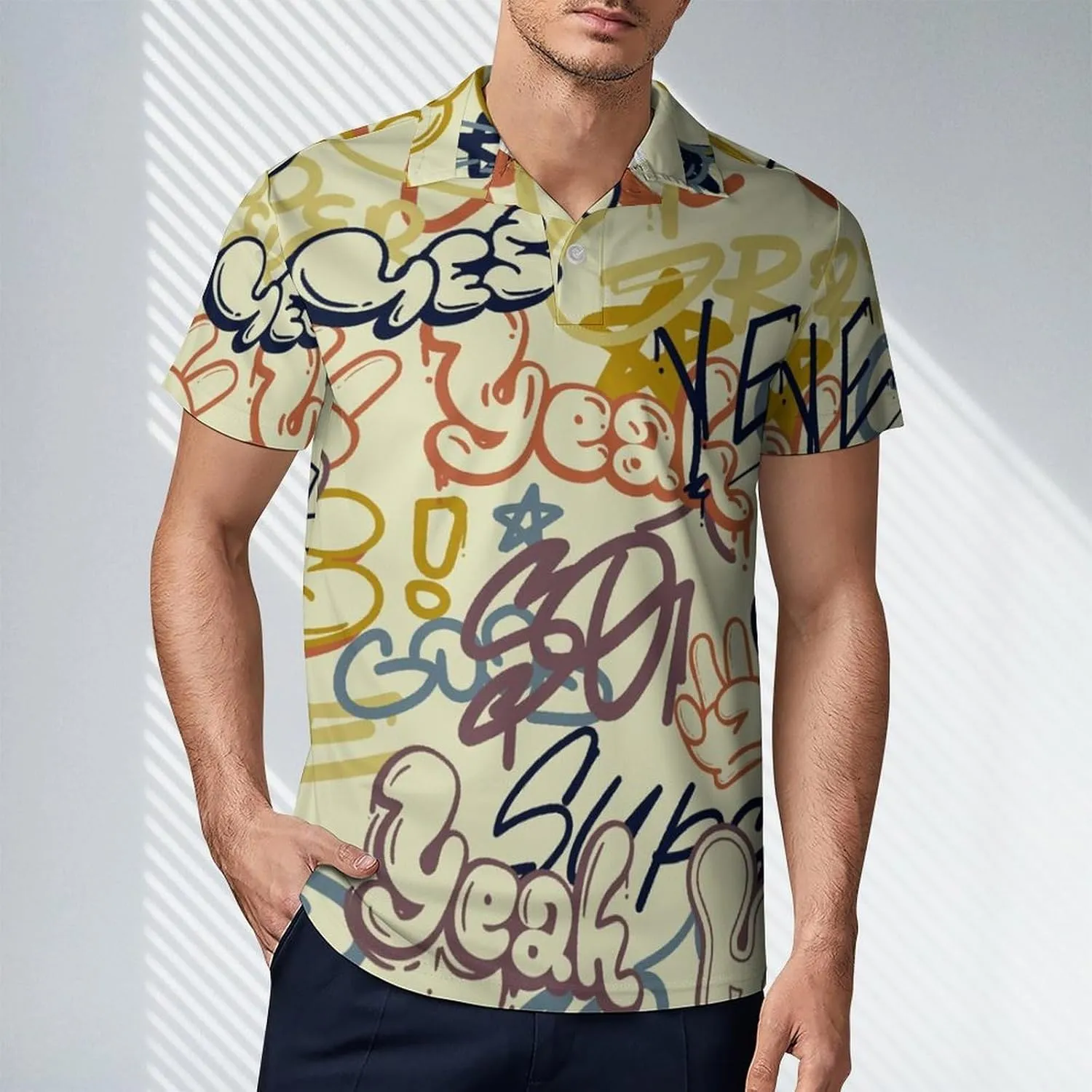 Men's Comics Lettering in Pop Art Style Polo Shirts Short Sleeve Cool Golf Shirt Quick-Dry Activewear Polos