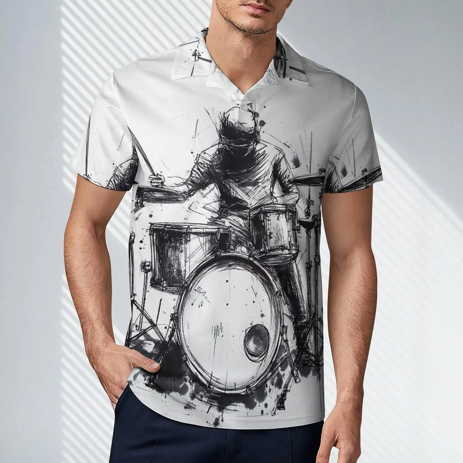 Men's Graffiti Sketch Style Drummer Music Polo Shirts Short Sleeve Cool Golf Shirt Quick-Dry Activewear Polos