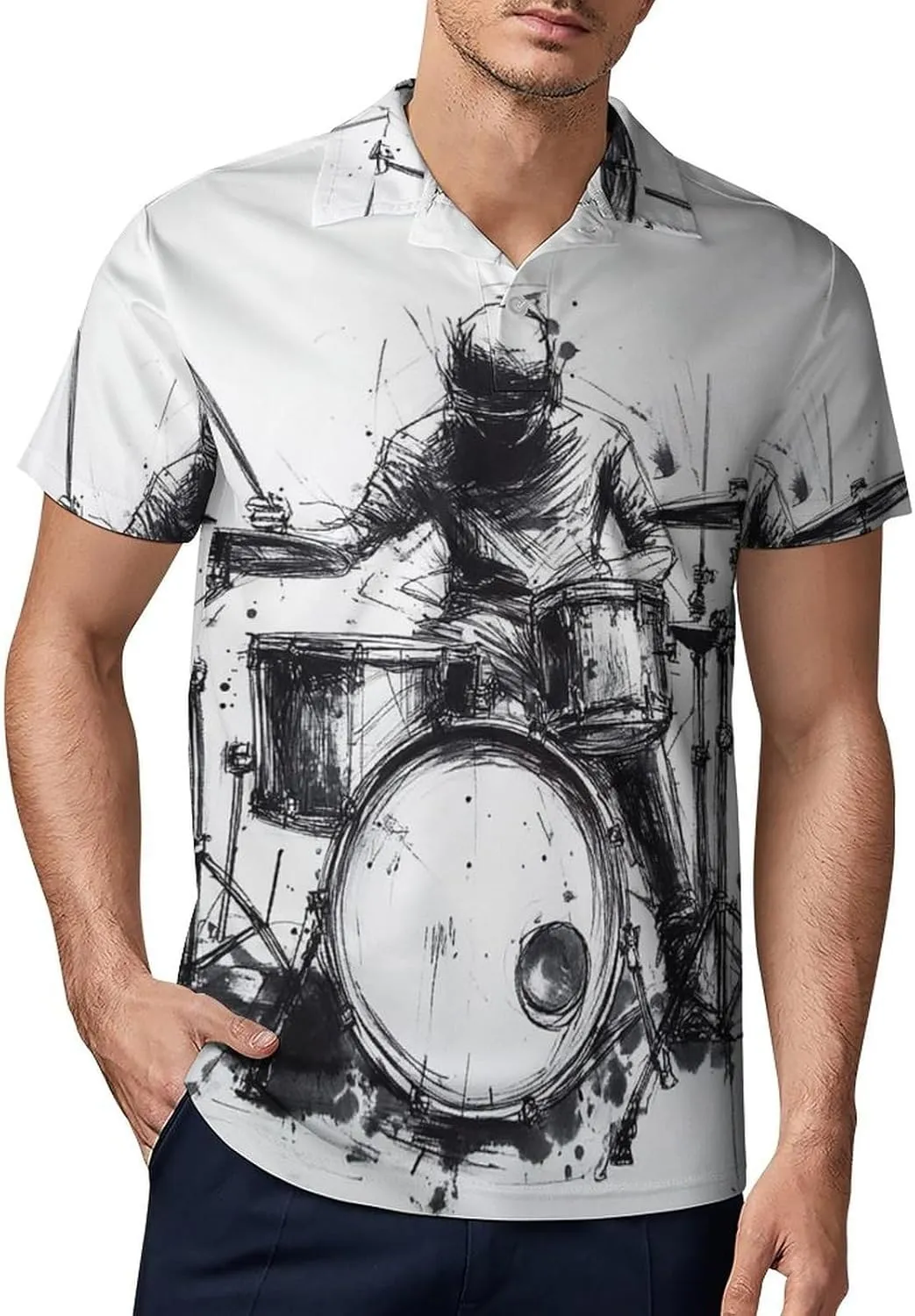 Men's Graffiti Sketch Style Drummer Music Polo Shirts Short Sleeve Cool Golf Shirt Quick-Dry Activewear Polos