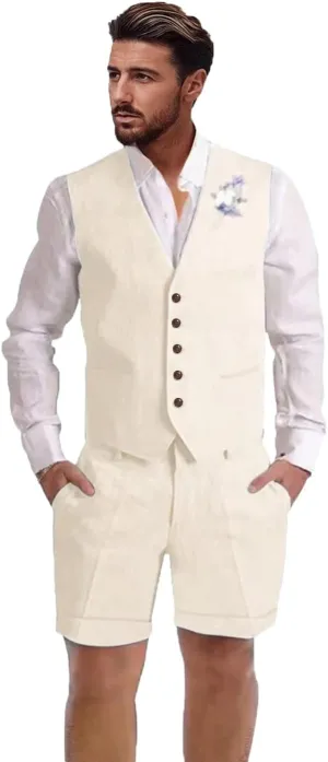 Mens Linen Suit 2 Piece Short Suits for Men Casual Summer Beach Wedding Suit Linen Vest Shorts Set