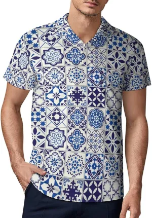 Men's Tiles Pattern Mediterranean Floral Mosaic Polo Shirts Short Sleeve Cool Golf Shirt Quick-Dry Activewear Polos