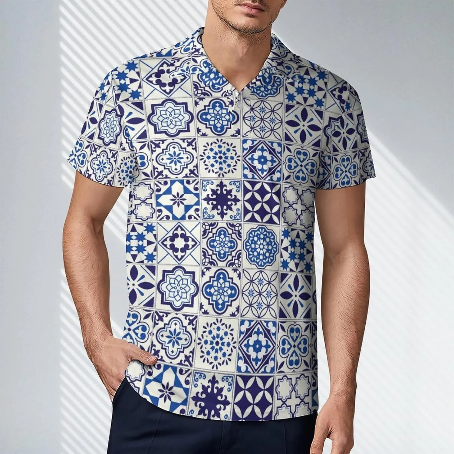 Men's Tiles Pattern Mediterranean Floral Mosaic Polo Shirts Short Sleeve Cool Golf Shirt Quick-Dry Activewear Polos