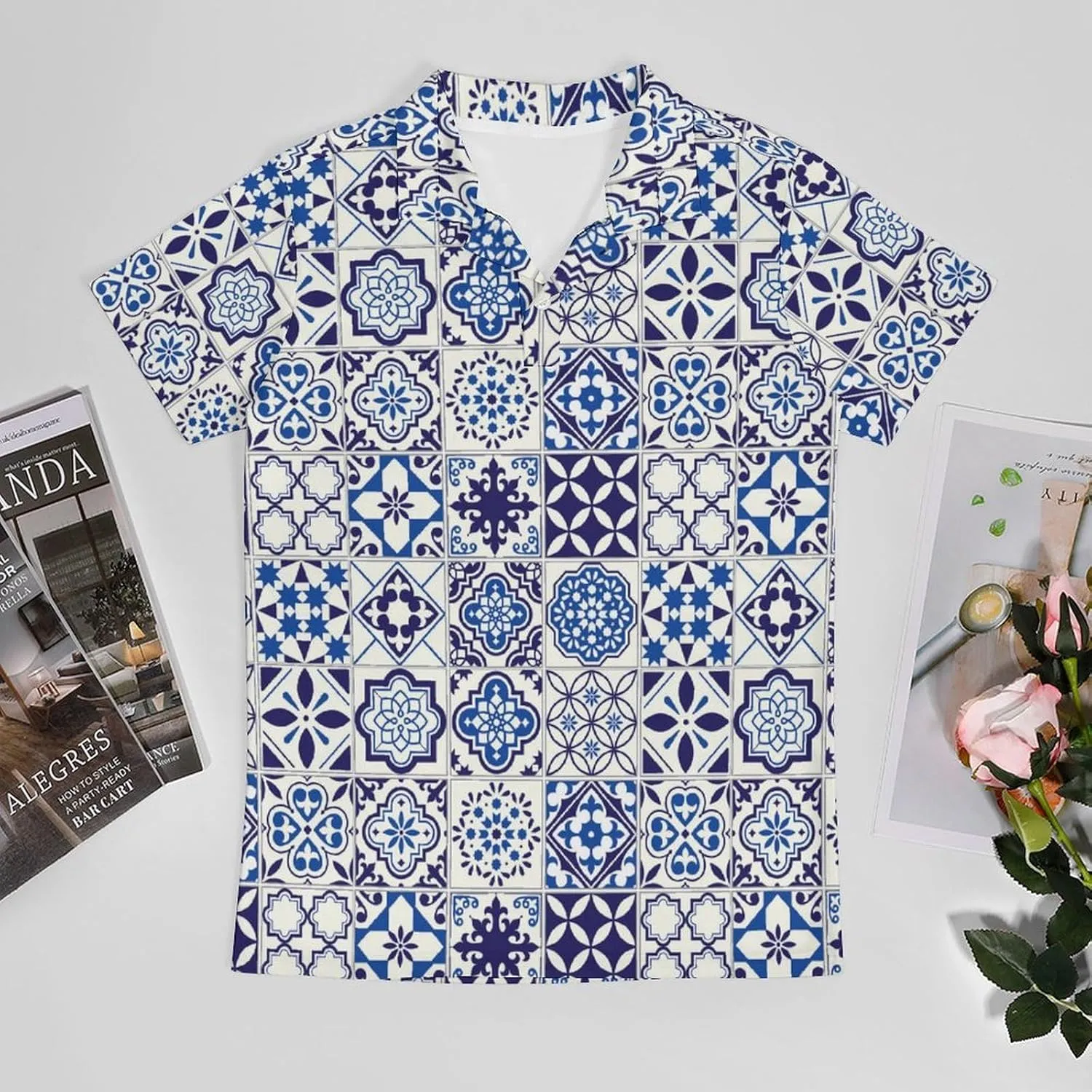 Men's Tiles Pattern Mediterranean Floral Mosaic Polo Shirts Short Sleeve Cool Golf Shirt Quick-Dry Activewear Polos