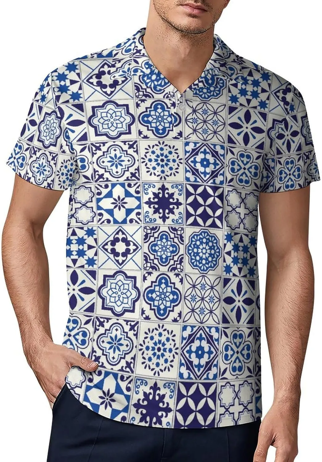 Men's Tiles Pattern Mediterranean Floral Mosaic Polo Shirts Short Sleeve Cool Golf Shirt Quick-Dry Activewear Polos