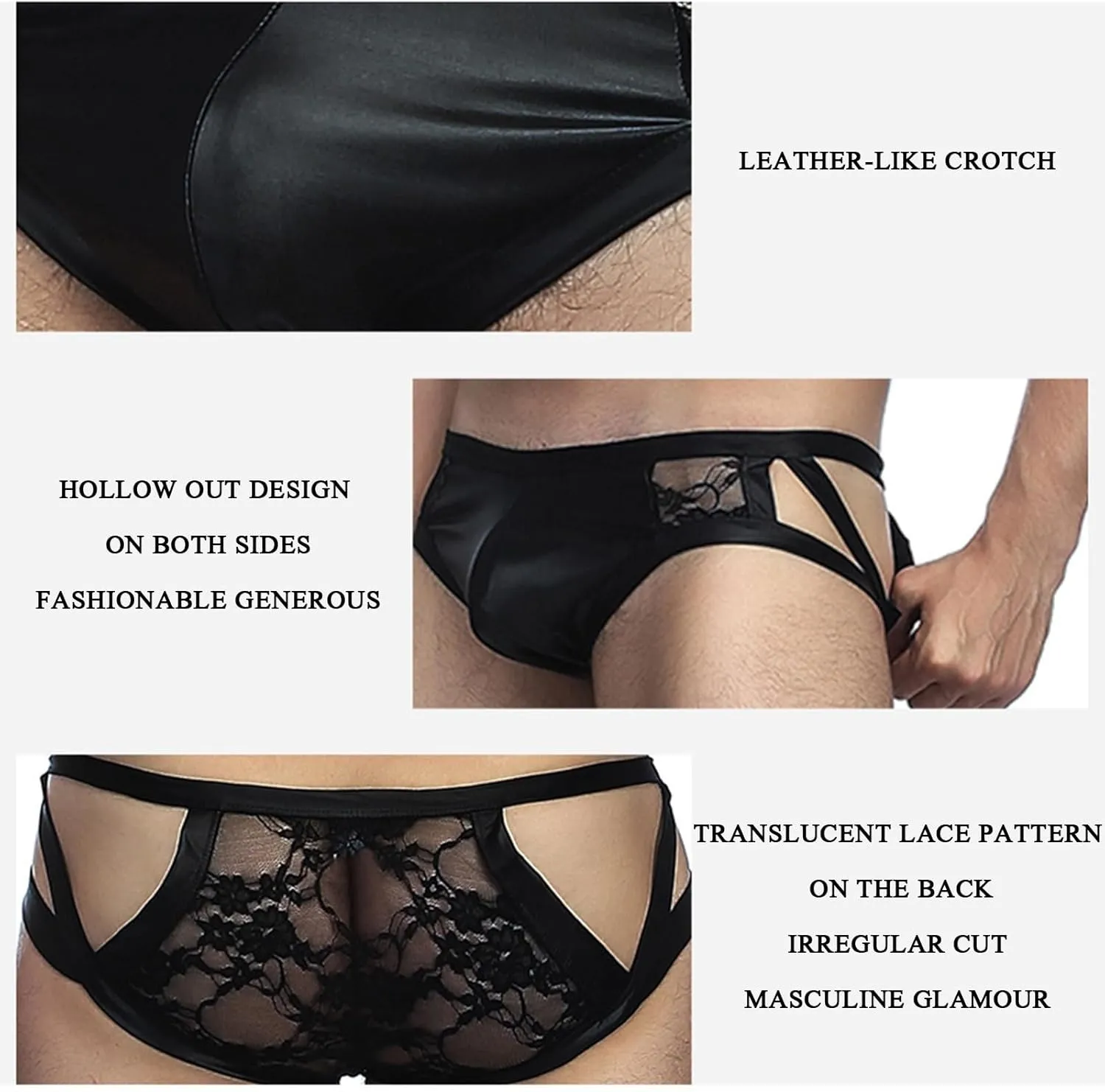Mens Underwear Briefs Sexy Low Rise Leather Lingerie with Transparent Lace Back Hallow Out Male Underpanties