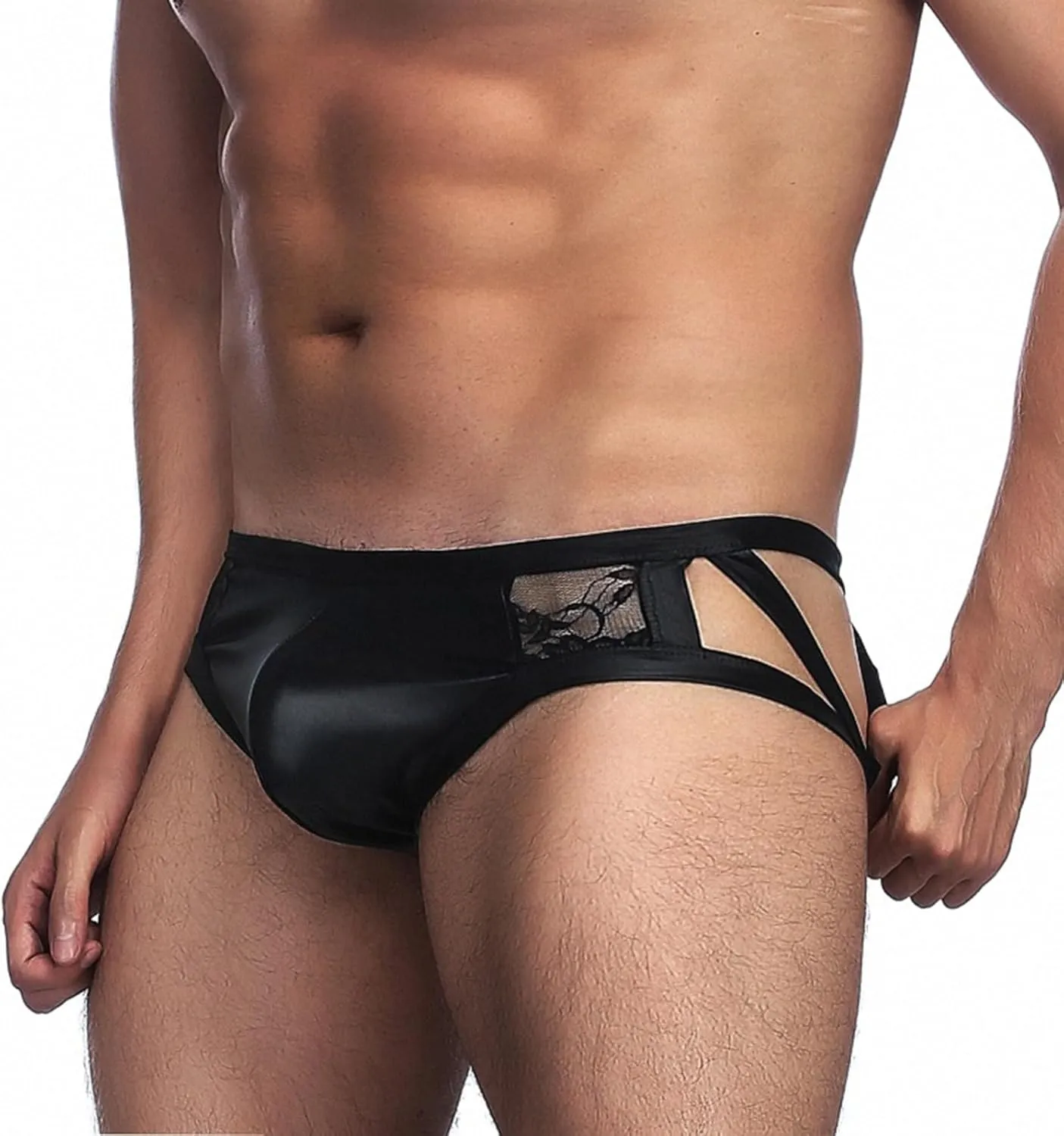 Mens Underwear Briefs Sexy Low Rise Leather Lingerie with Transparent Lace Back Hallow Out Male Underpanties