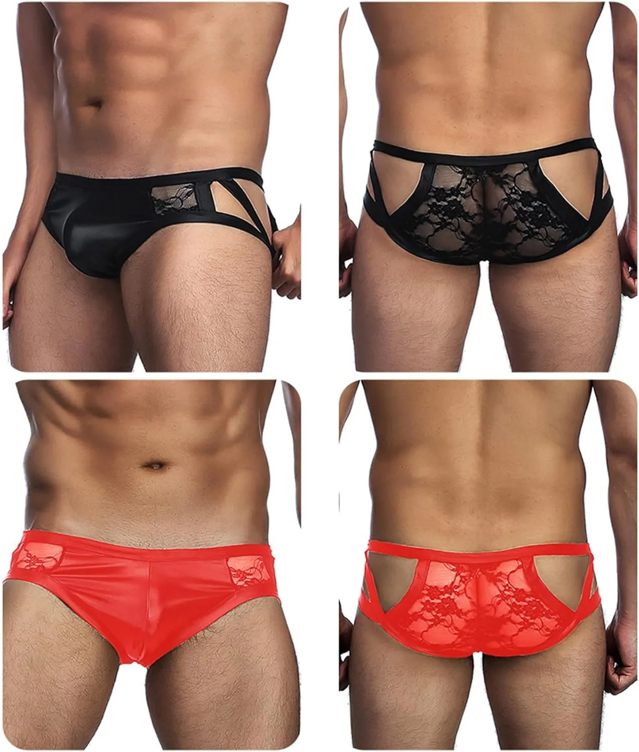 Mens Underwear Briefs Sexy Low Rise Leather Lingerie with Transparent Lace Back Hallow Out Male Underpanties
