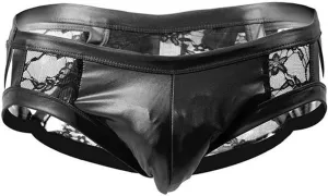 Mens Underwear Briefs Sexy Low Rise Leather Lingerie with Transparent Lace Back Hallow Out Male Underpanties