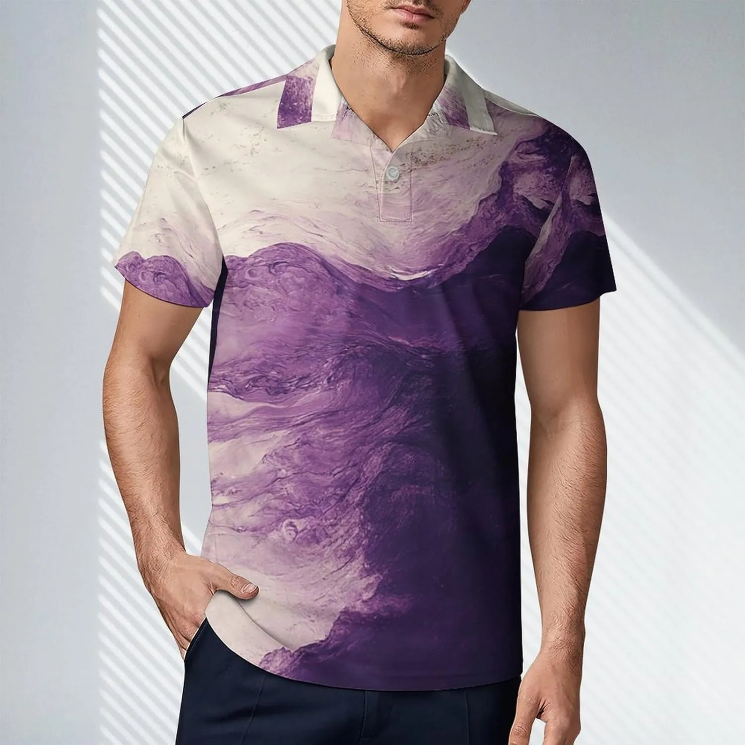 Men's White and Purple Gradient Tie-dye Polo Shirts Short Sleeve Cool Golf Shirt Quick-Dry Activewear Polos