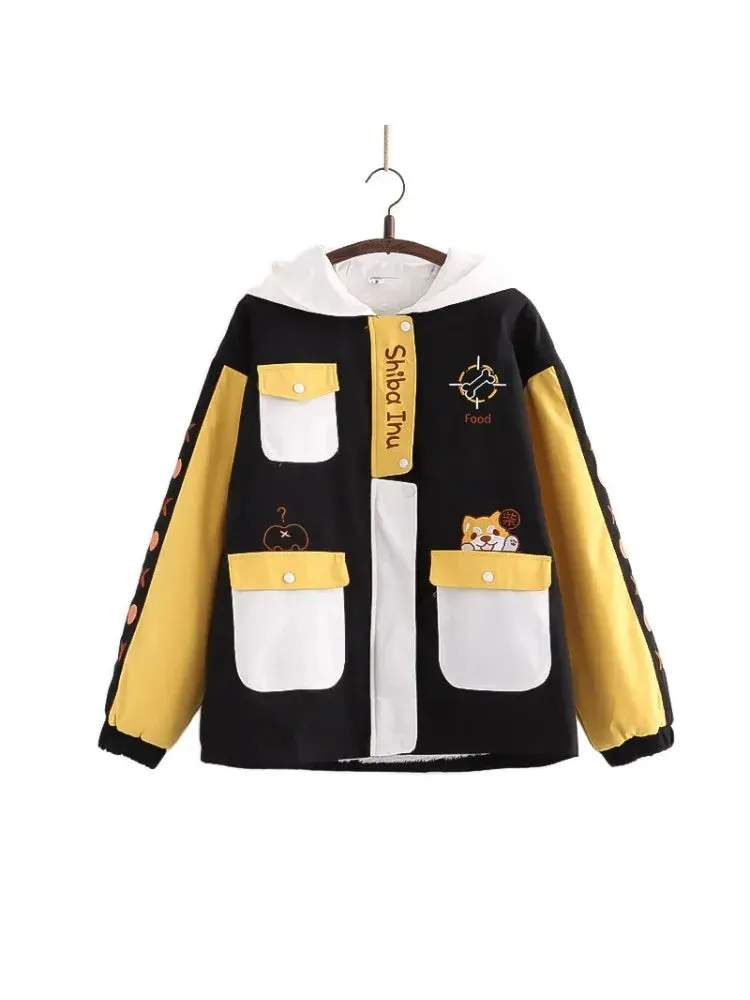Metaversmall Shiba Inu Embroidery Harajuku Kawaii Women Hooded Quilted Coats Winter Long Sleeve Ladies Cotton Liner Jackets Outwears