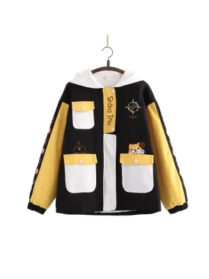 Metaversmall Shiba Inu Embroidery Harajuku Kawaii Women Hooded Quilted Coats Winter Long Sleeve Ladies Cotton Liner Jackets Outwears