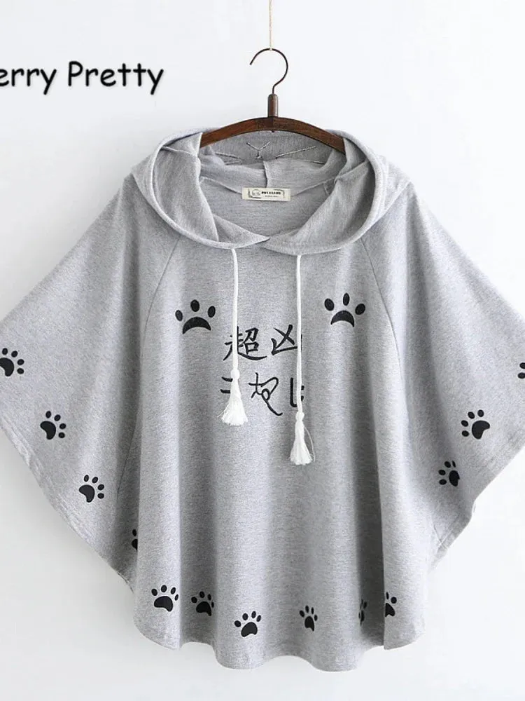 Metaversmall Women Hooded Poncho Cartoon Embroidery Drawstring Capes Spring Femme Chinese Style Half Sleeve Coats Jackets