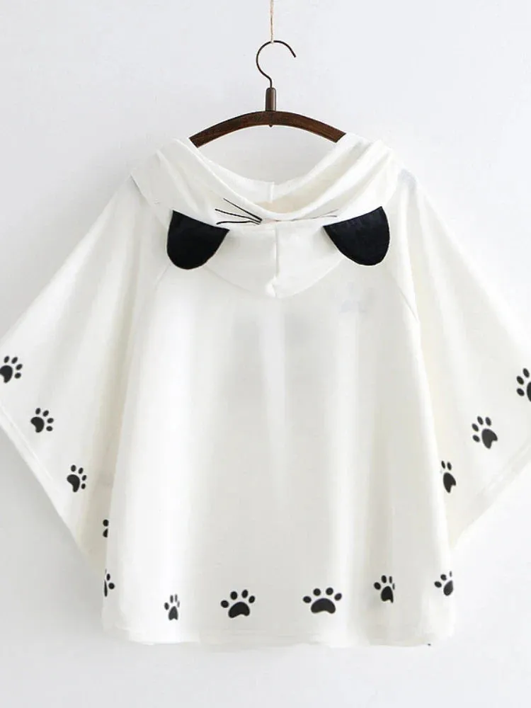 Metaversmall Women Hooded Poncho Cartoon Embroidery Drawstring Capes Spring Femme Chinese Style Half Sleeve Coats Jackets