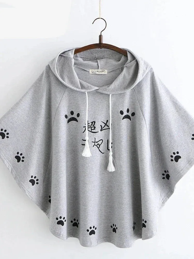 Metaversmall Women Hooded Poncho Cartoon Embroidery Drawstring Capes Spring Femme Chinese Style Half Sleeve Coats Jackets