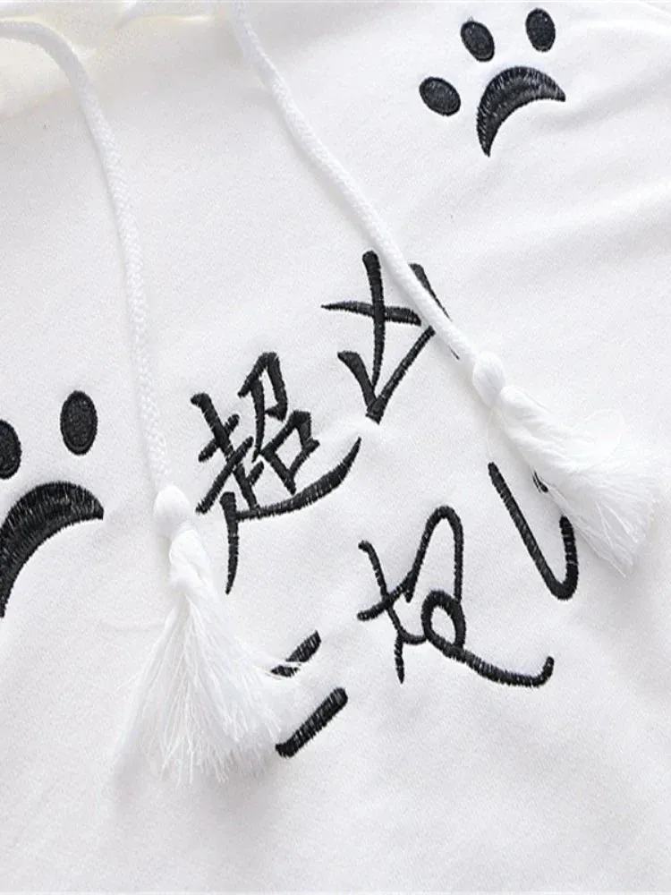 Metaversmall Women Hooded Poncho Cartoon Embroidery Drawstring Capes Spring Femme Chinese Style Half Sleeve Coats Jackets