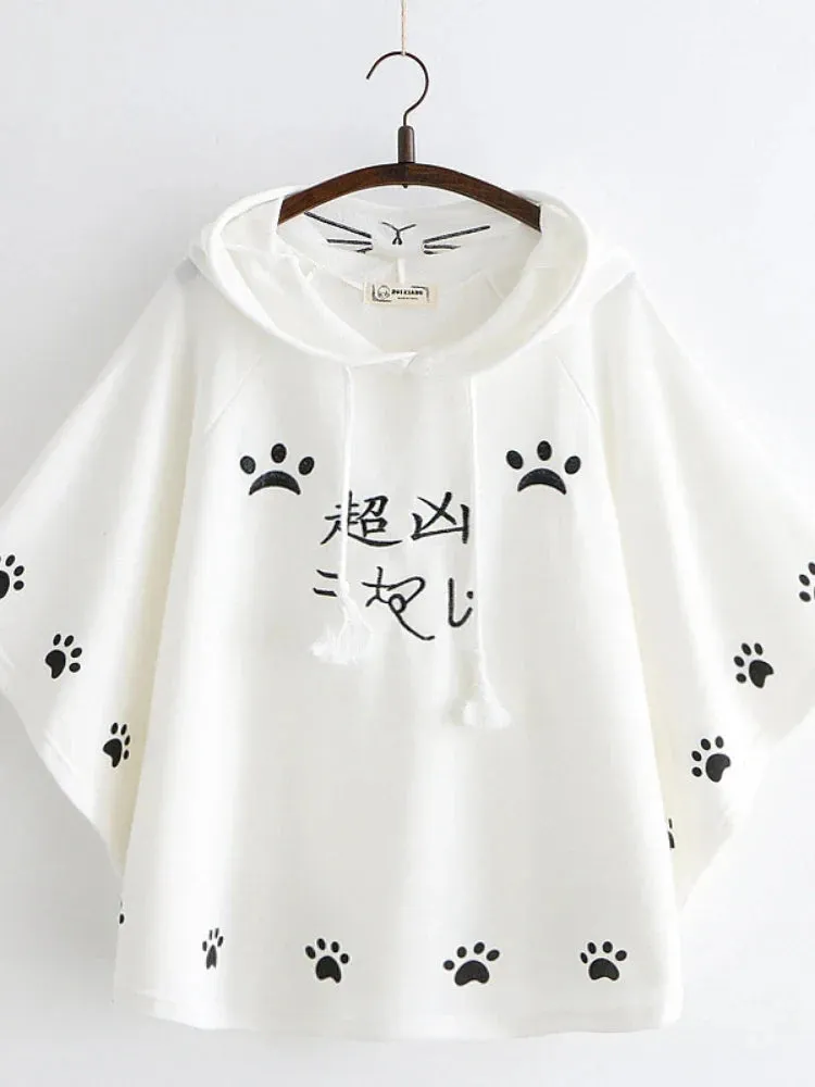 Metaversmall Women Hooded Poncho Cartoon Embroidery Drawstring Capes Spring Femme Chinese Style Half Sleeve Coats Jackets
