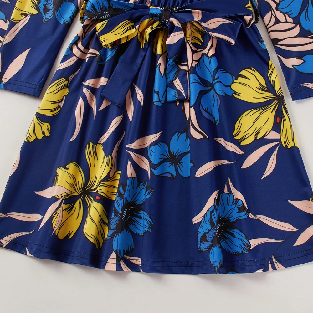 Mom and Daughter Blue Floral Print Dress