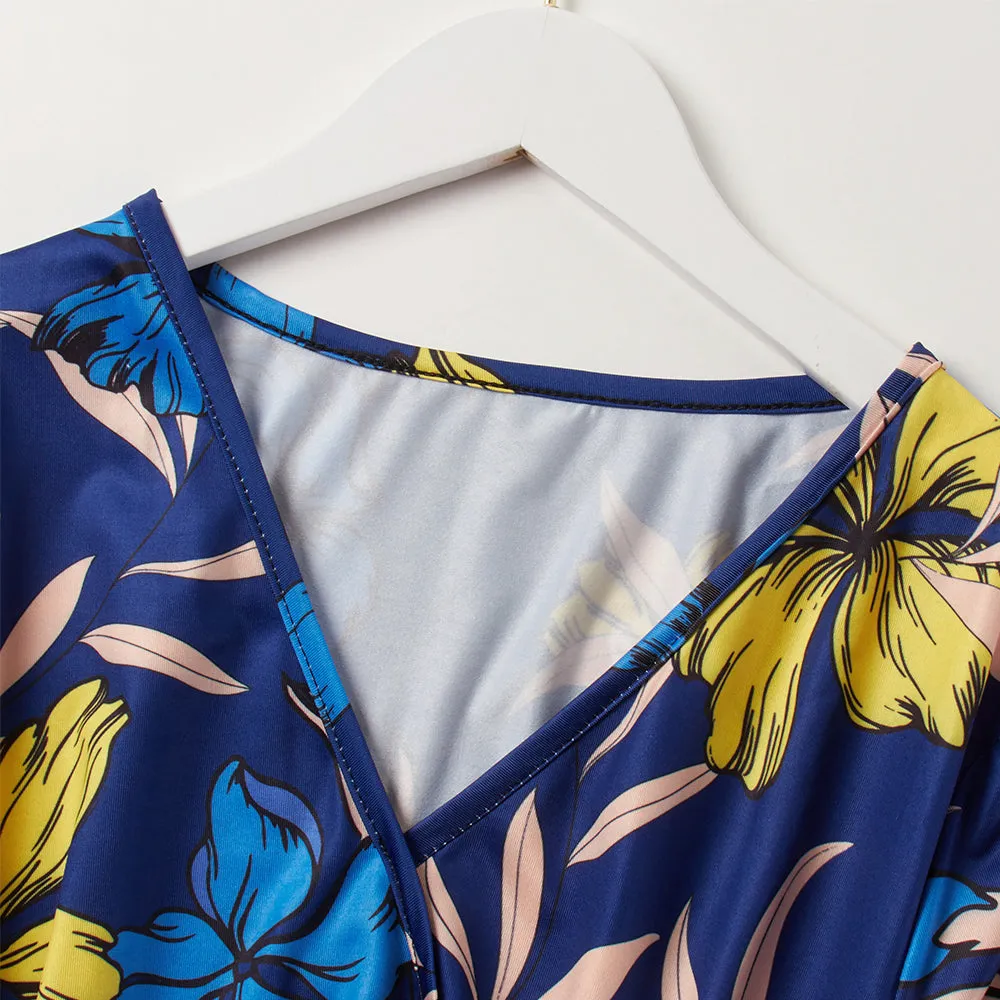 Mom and Daughter Blue Floral Print Dress