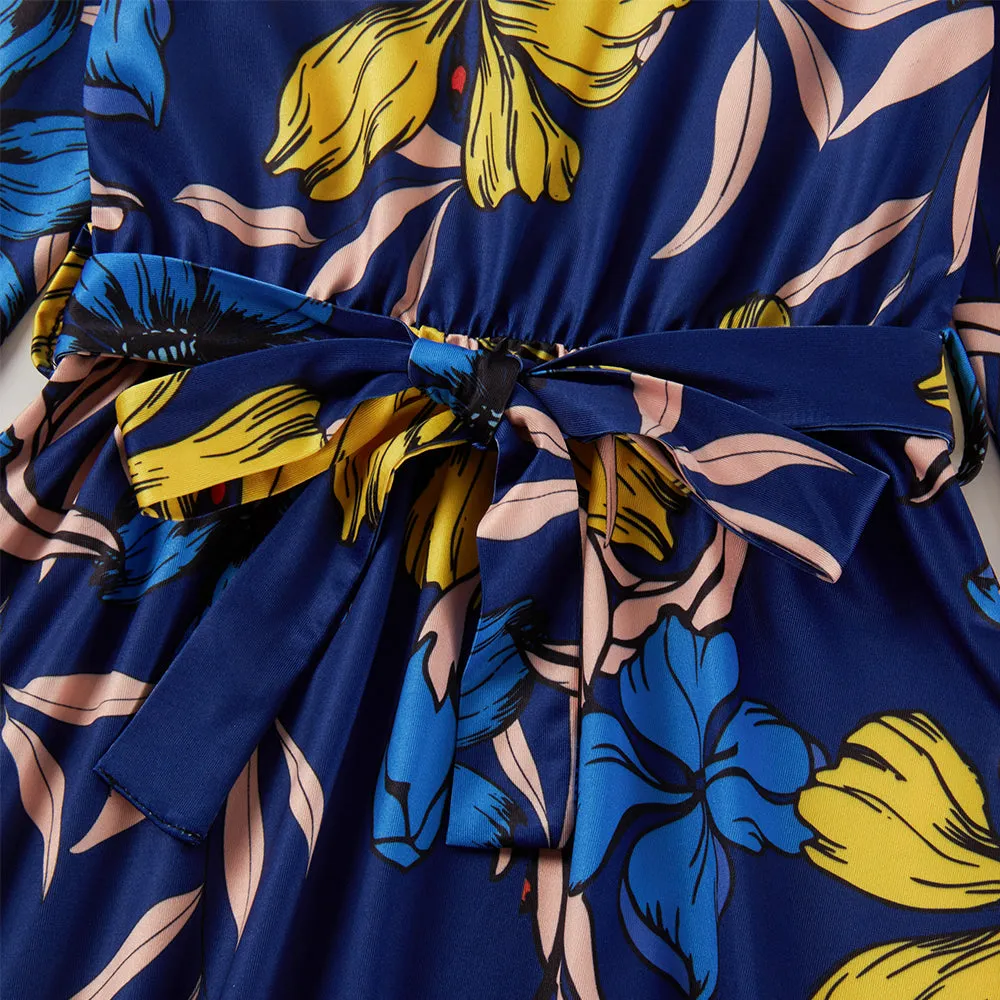 Mom and Daughter Blue Floral Print Dress