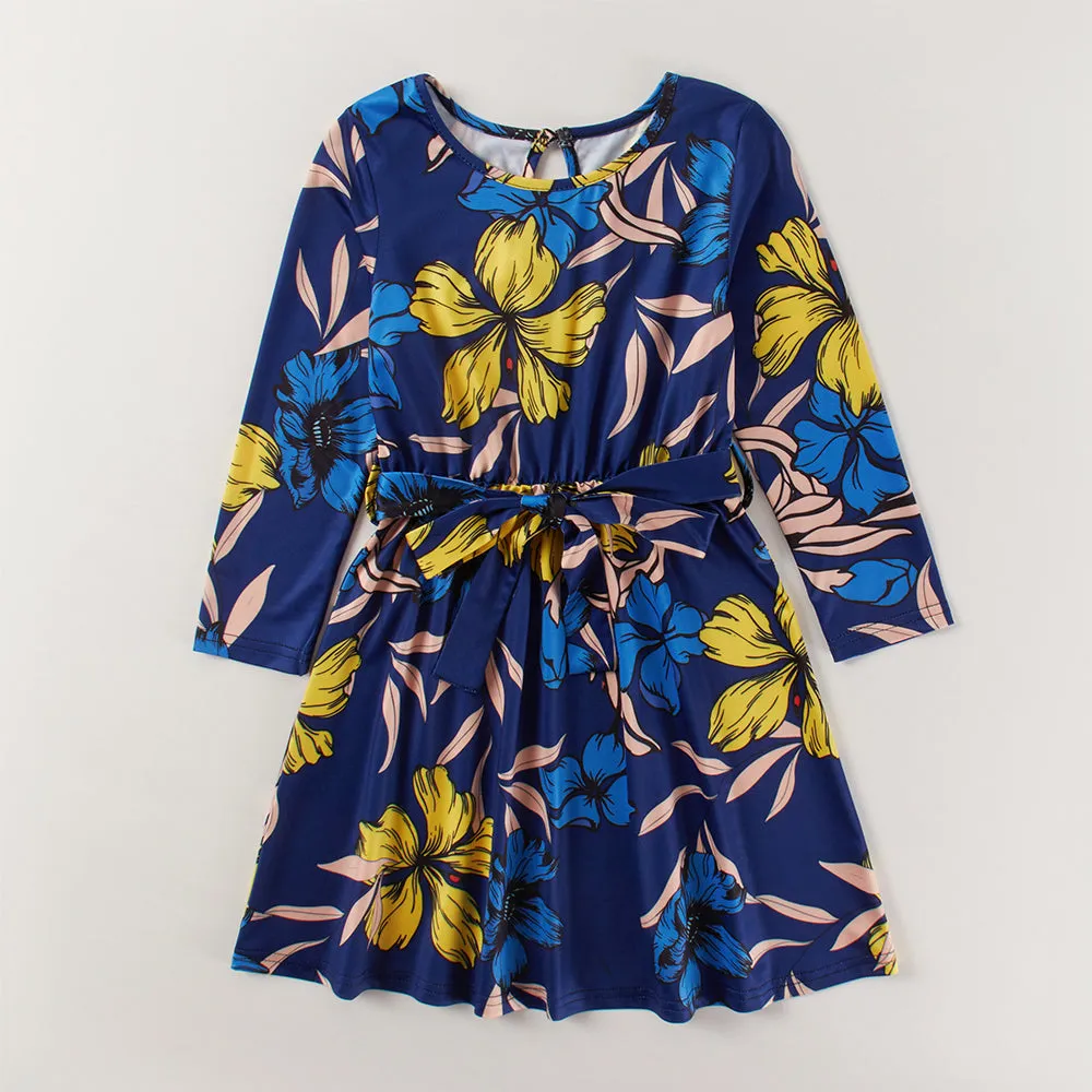 Mom and Daughter Blue Floral Print Dress