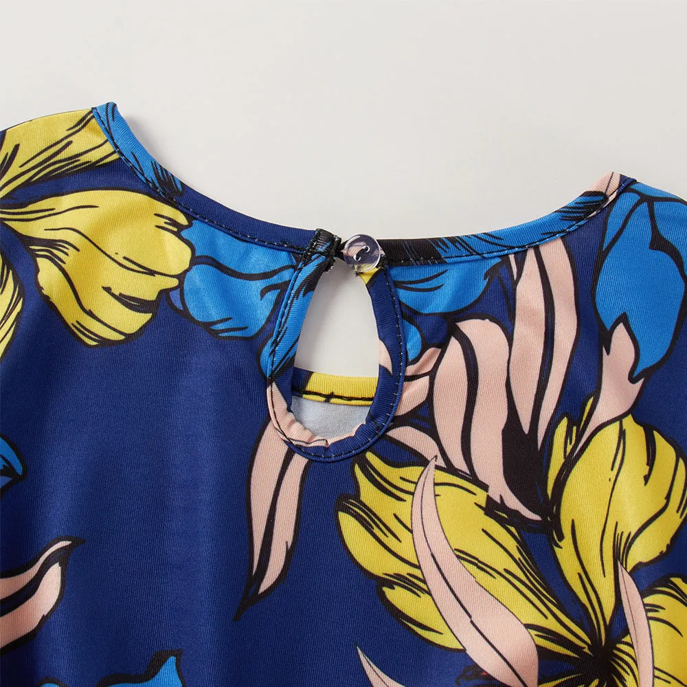 Mom and Daughter Blue Floral Print Dress