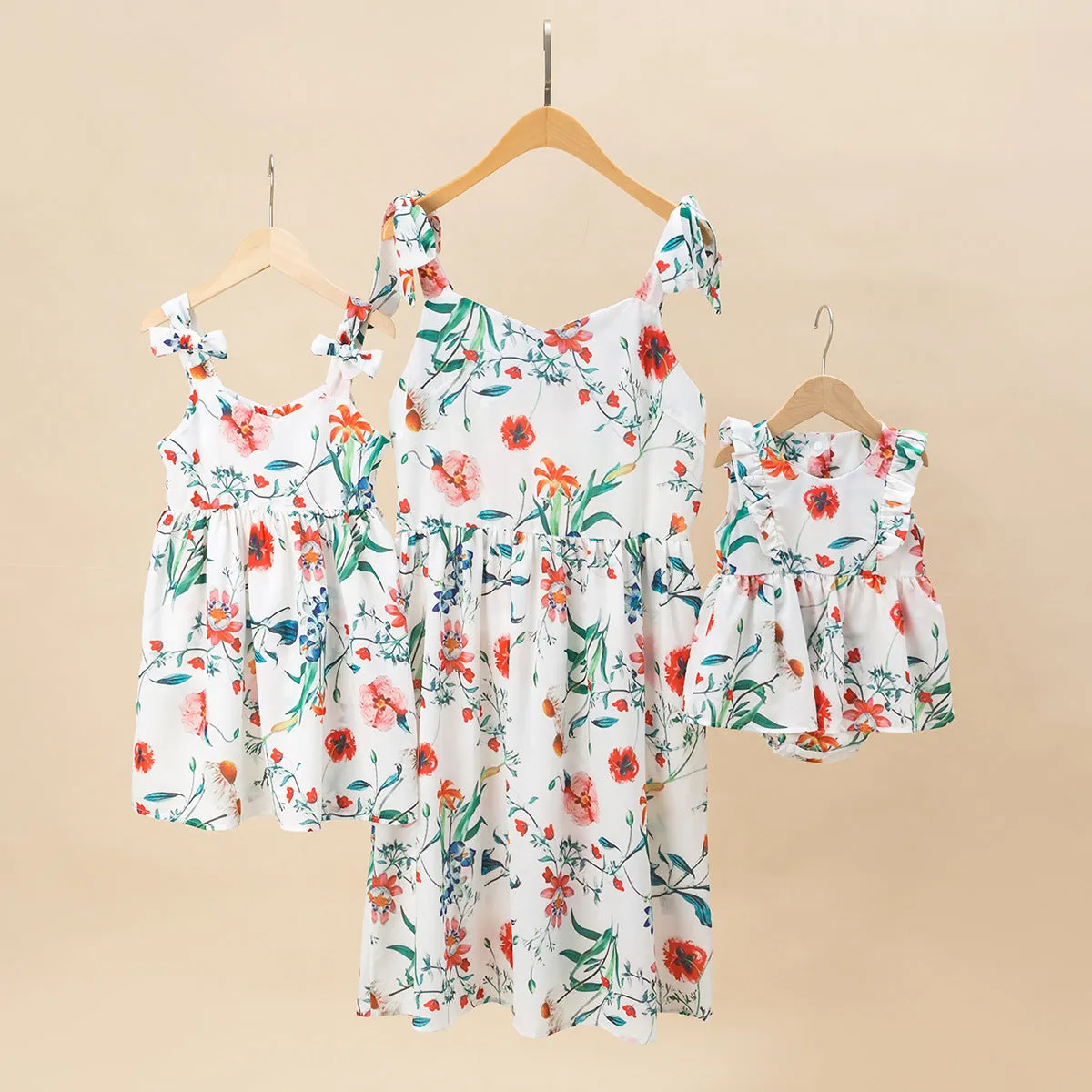 Mommy and Me Floral Printed Dresses Shoulder Straps Bowknot Sleeveless Matching Outfits