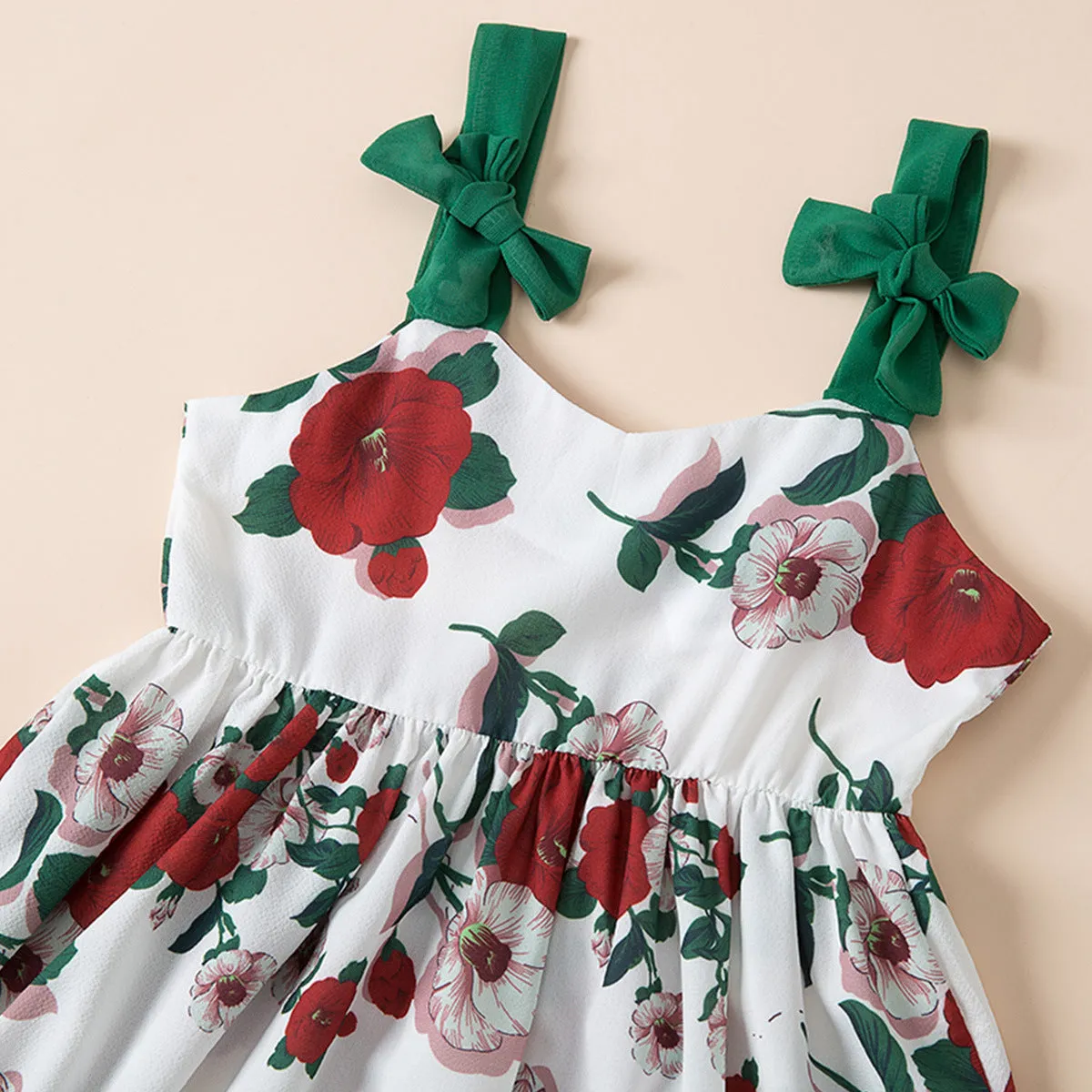 Mommy and Me Floral Printed Dresses Shoulder Straps Bowknot Sleeveless Matching Outfits