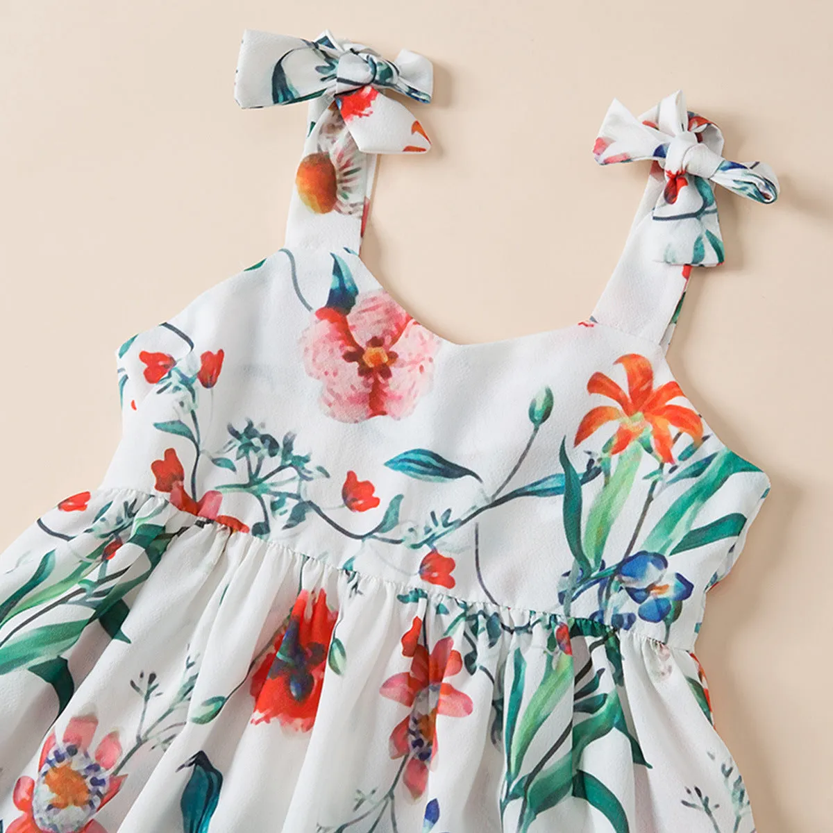 Mommy and Me Floral Printed Dresses Shoulder Straps Bowknot Sleeveless Matching Outfits