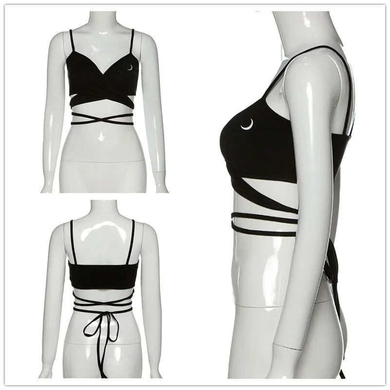 Moon Print Cross Strap Suspender Vest Short Style Crop Top For Women