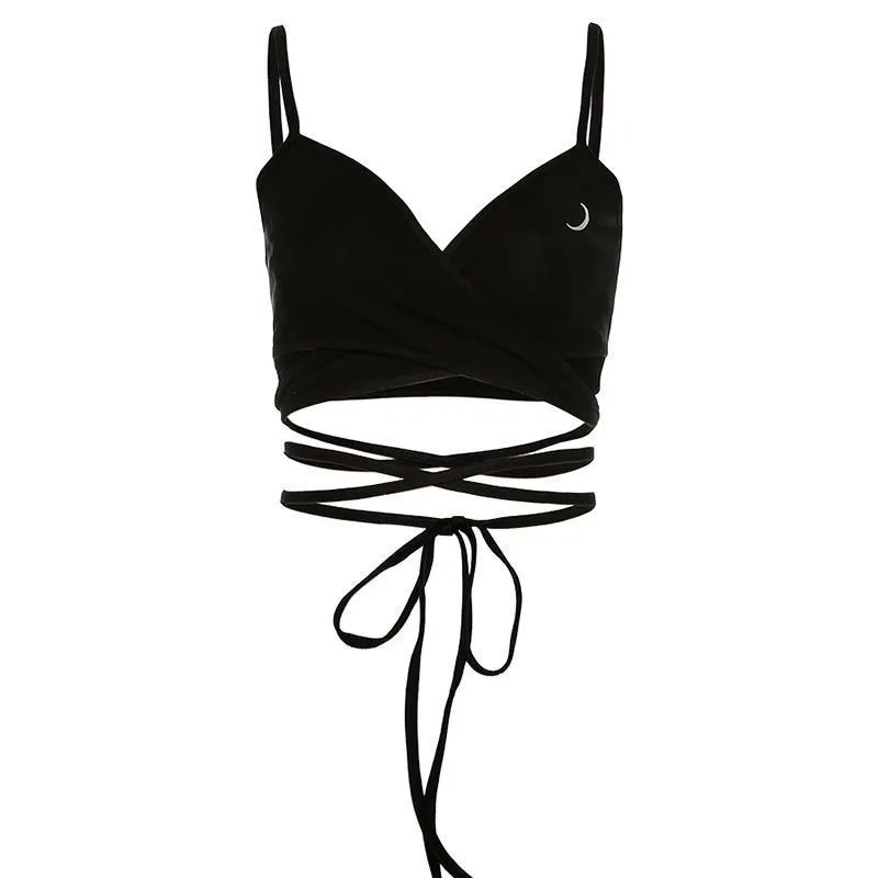 Moon Print Cross Strap Suspender Vest Short Style Crop Top For Women