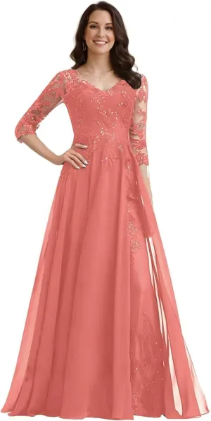 Mother of The Bride Dresses for Women Chiffon Wedding Guest Dress Plus Size 3/4 Sleeves Lace Sequin V-Neck Evening Gowns