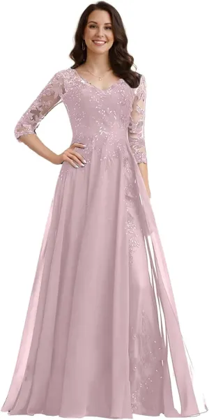 Mother of The Bride Dresses for Women Chiffon Wedding Guest Dress Plus Size 3/4 Sleeves Lace Sequin V-Neck Evening Gowns