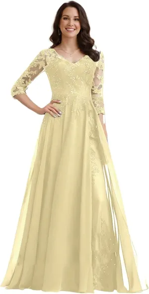 Mother of The Bride Dresses for Women Chiffon Wedding Guest Dress Plus Size 3/4 Sleeves Lace Sequin V-Neck Evening Gowns