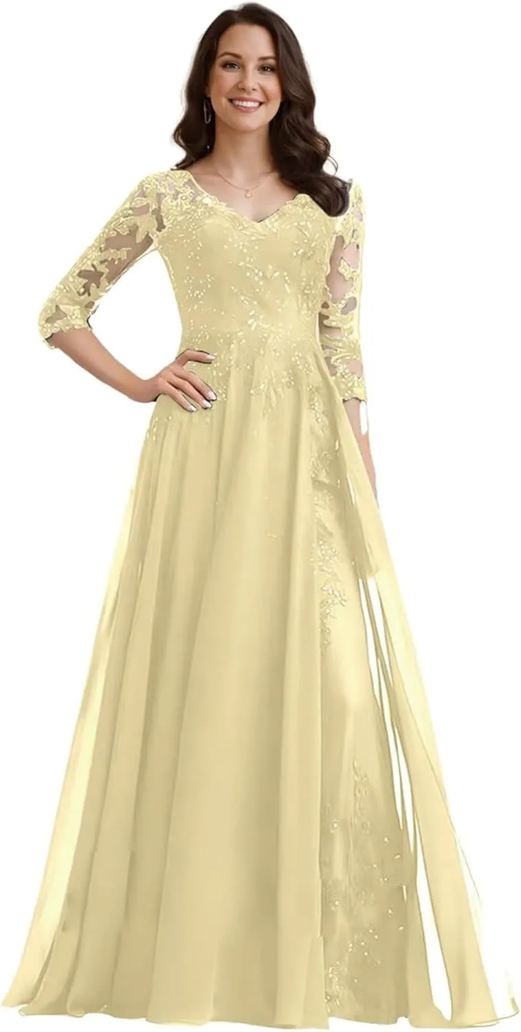 Mother of The Bride Dresses for Women Chiffon Wedding Guest Dress Plus Size 3/4 Sleeves Lace Sequin V-Neck Evening Gowns