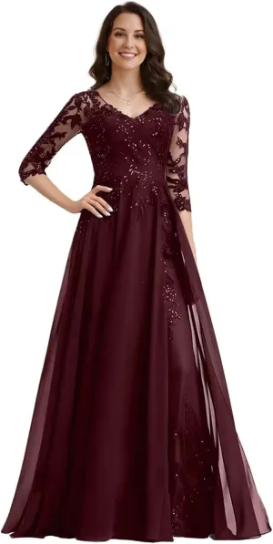Mother of The Bride Dresses for Women Chiffon Wedding Guest Dress Plus Size 3/4 Sleeves Lace Sequin V-Neck Evening Gowns