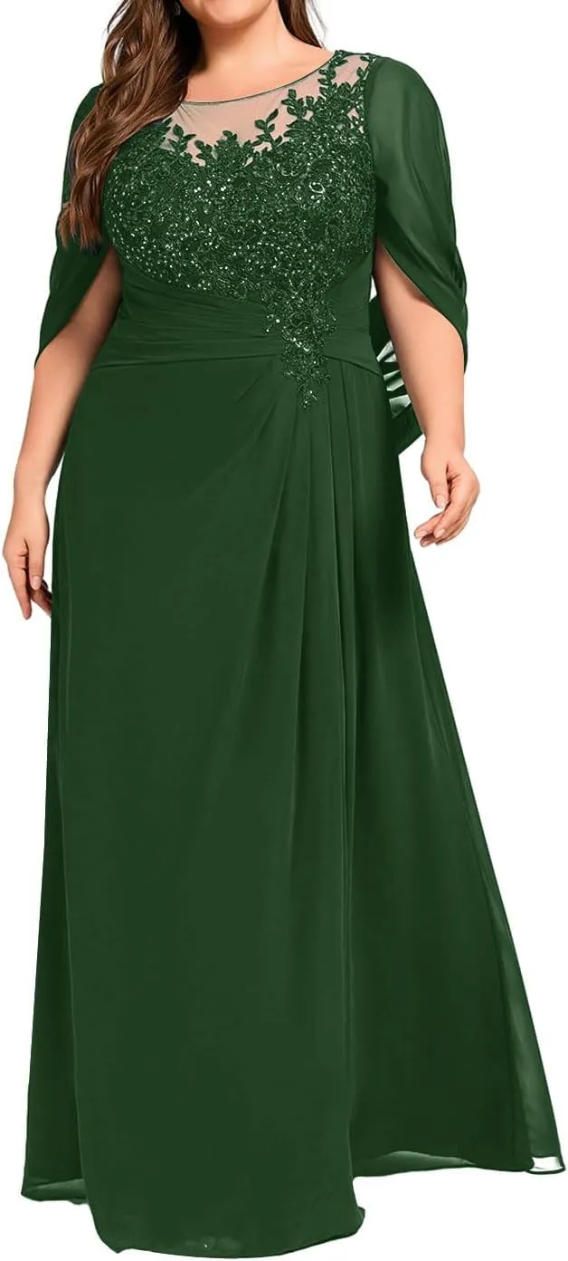 Mother of The Bride Dresses Pleated Sequins Plus Size Formal Evening Dress Lace Appliques Long Chiffon Evening Dress