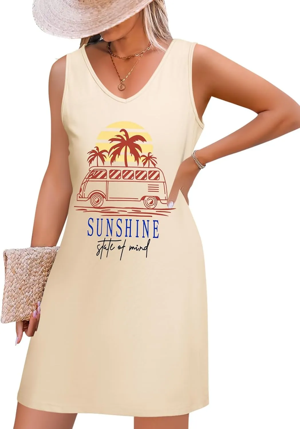 MYHALF Summer Sundresses for Women 2025 Graphic Mini Tank Dress Sleeveless Beach Vacation Clothes Casual Summer Dress V Neck