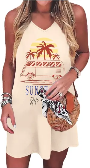 MYHALF Summer Sundresses for Women 2025 Graphic Mini Tank Dress Sleeveless Beach Vacation Clothes Casual Summer Dress V Neck