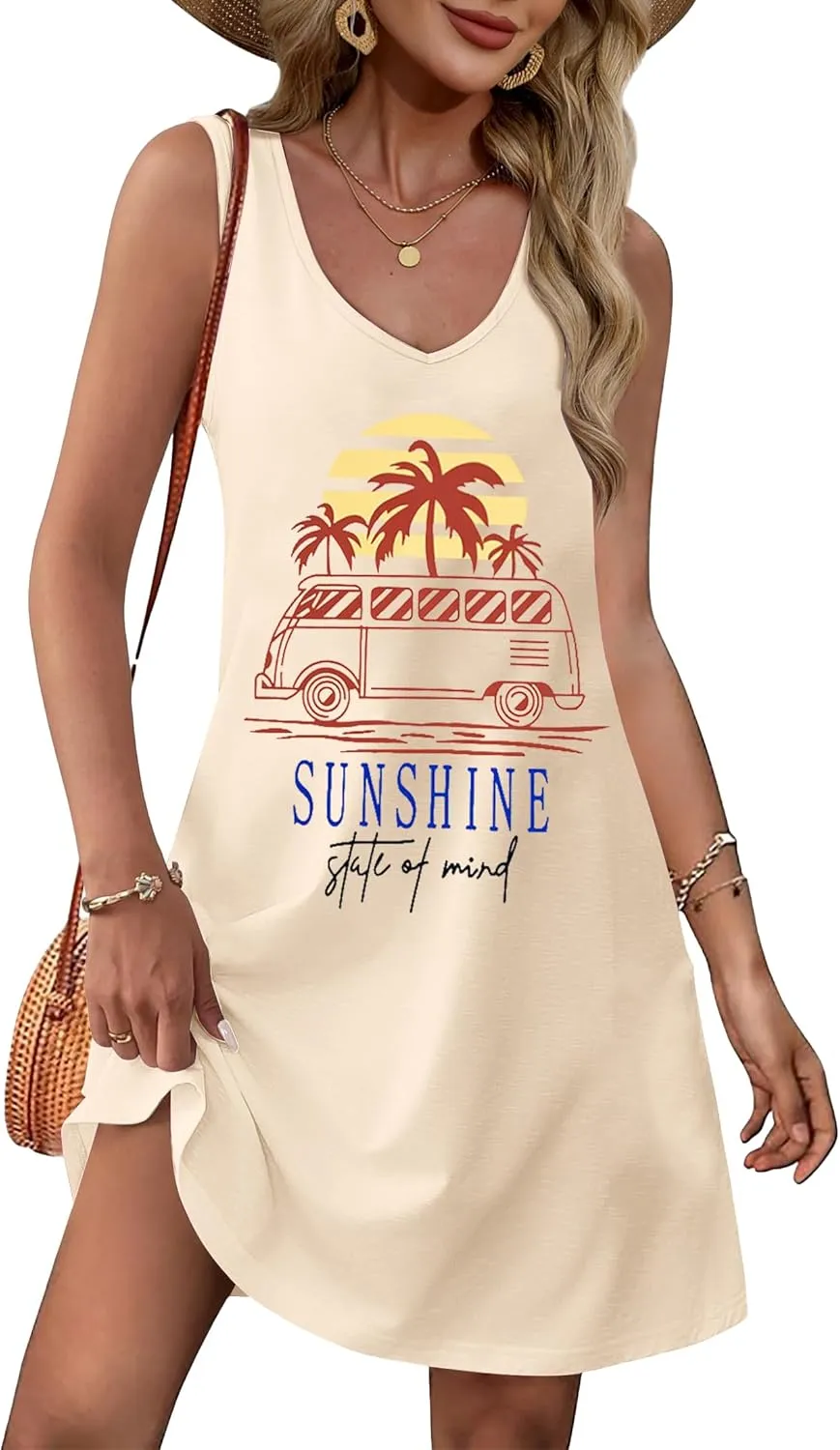 MYHALF Summer Sundresses for Women 2025 Graphic Mini Tank Dress Sleeveless Beach Vacation Clothes Casual Summer Dress V Neck