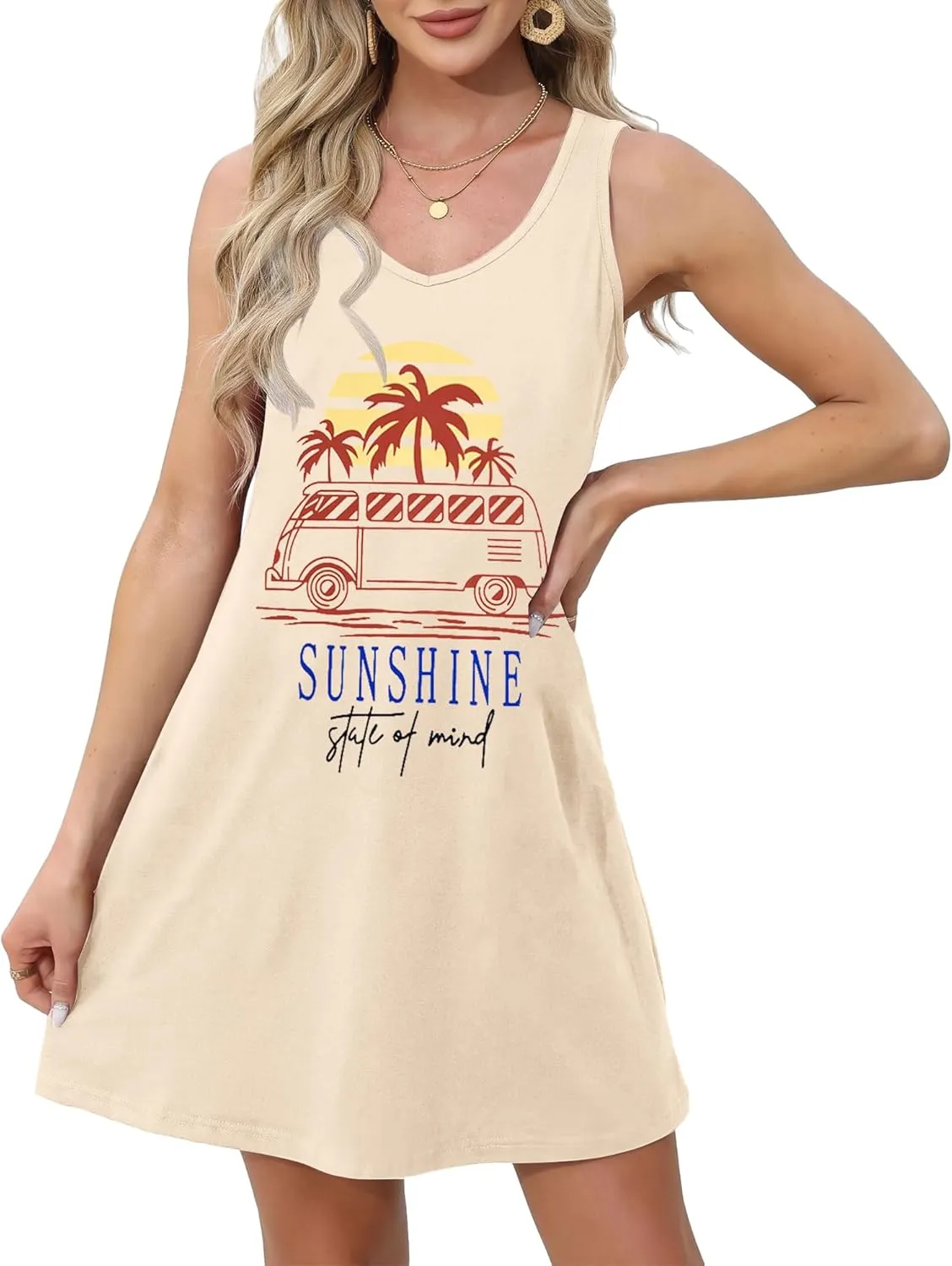 MYHALF Summer Sundresses for Women 2025 Graphic Mini Tank Dress Sleeveless Beach Vacation Clothes Casual Summer Dress V Neck