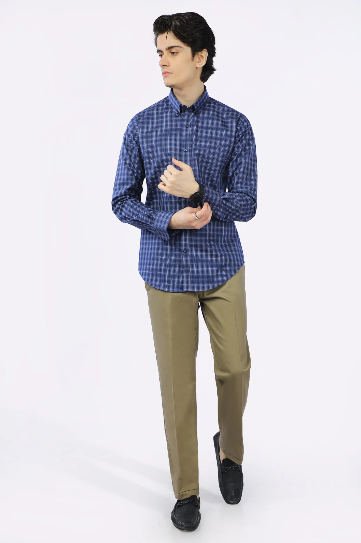 Navy Blue Windowpane Check Casual Shirt